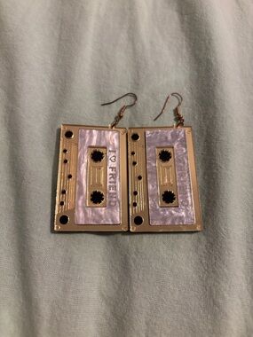 Cassette Tape Dangle Earrings in Gold and Pearl Pink